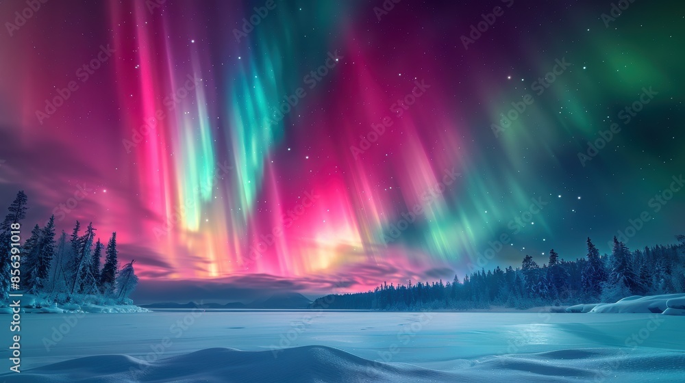 Vibrant northern lights over snowy landscape Vibrant northern lights over snowy landscape
