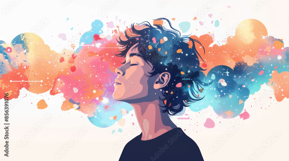 Fototapeta premium Vibrant digital illustration of a person with closed eyes, surrounded by colorful abstract splashes, depicting tranquility and creativity.