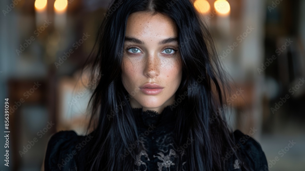 Mysterious woman with dark hair and piercing eyes Mysterious woman with dark hair and piercing eyes