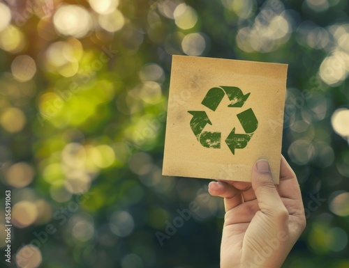 The hand is holding a recycle symbol on a green background with bokeh effects. Eco-friendly and sustainable concept. photo
