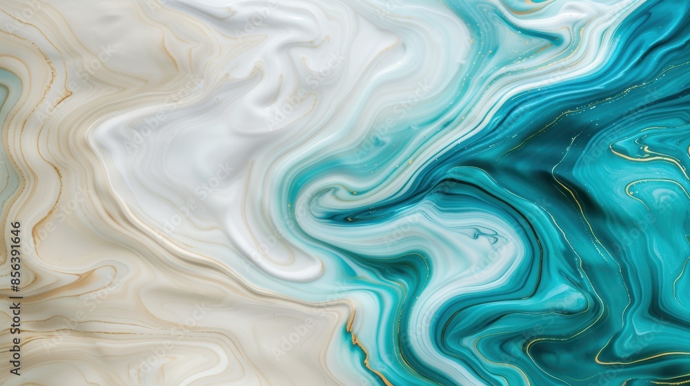 Obraz premium Swirling abstract art background with turquoise and gold tones