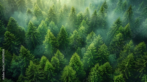 An abstract background texture featuring a forest and tree landscape, a top view forest atmosphere, and a concept of ecosystem and healthy ecosystems. photo