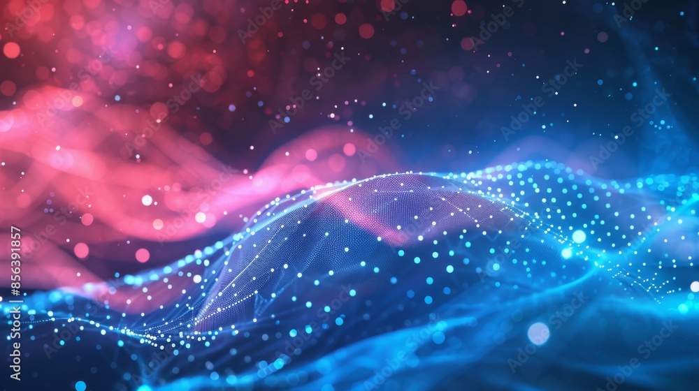 Abstract Dynamic Wave of Dots with Red and Blue Light Effects, Generative AI Abstract Dynamic Wave of Dots with Red and Blue Light Effects, Generative AI