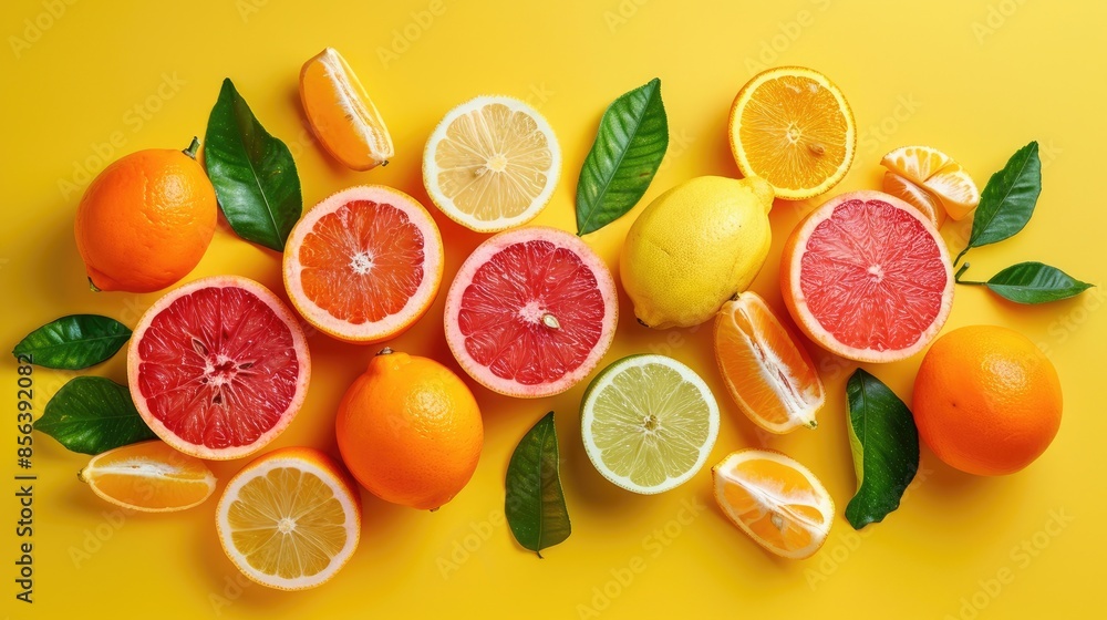 Citrus fruits arranged on yellow background in flat lay style Citrus fruits arranged on yellow background in flat lay style