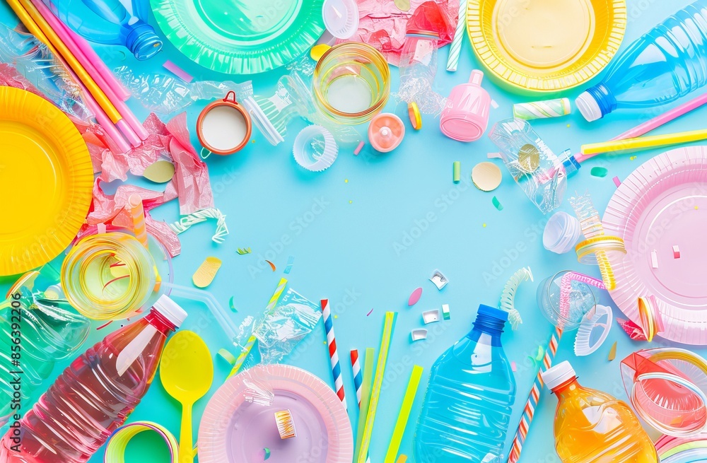 Obraz premium The top view of single-use plastic objects such as bottles, cups, forks, spoons, and drinking straws that pollute the environment, especially oceans.