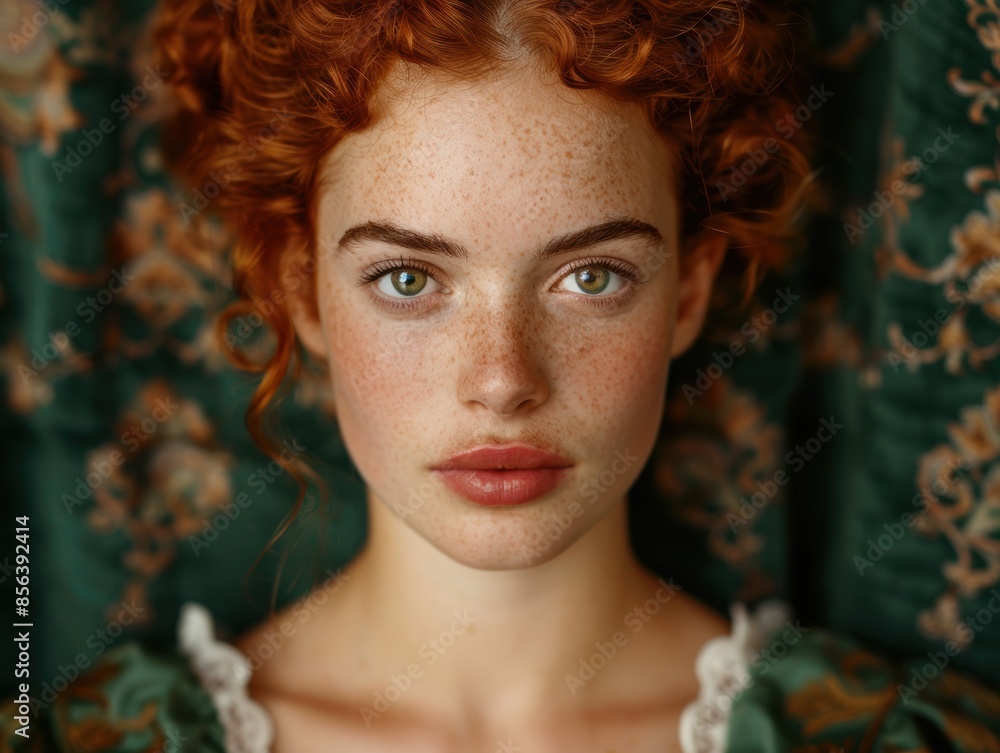 Fototapeta premium Captivating portrait of a young woman with vibrant red curly hair and freckles
