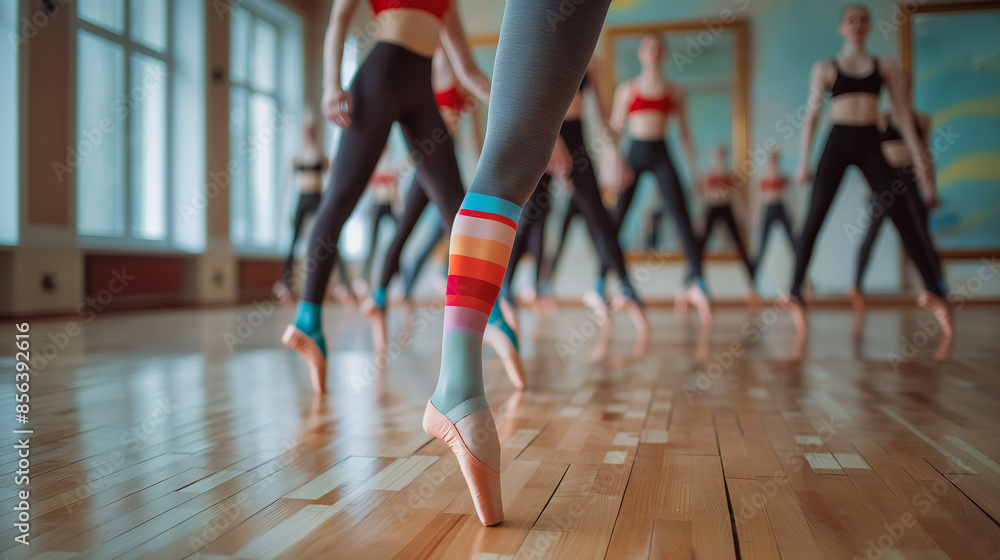 Group of ballerinas standing on toes during rehearsal in dance studio Group of ballerinas standing on toes during rehearsal in dance studio
