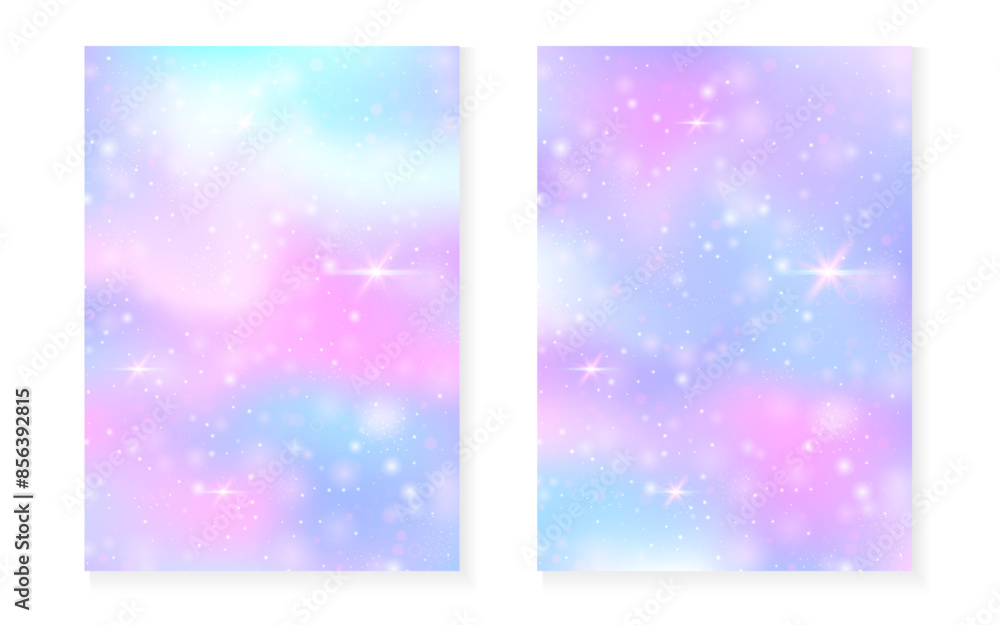 Unicorn background with kawaii magic gradient. Princess rainbow hologram. Holographic fairy set. Bright fantasy cover. Unicorn background with sparkles and stars for cute girl party invitation. Unicorn background with kawaii magic gradient. Princess rainbow hologram. Holographic fairy set. Bright fantasy cover. Unicorn background with sparkles and stars for cute girl party invitation.