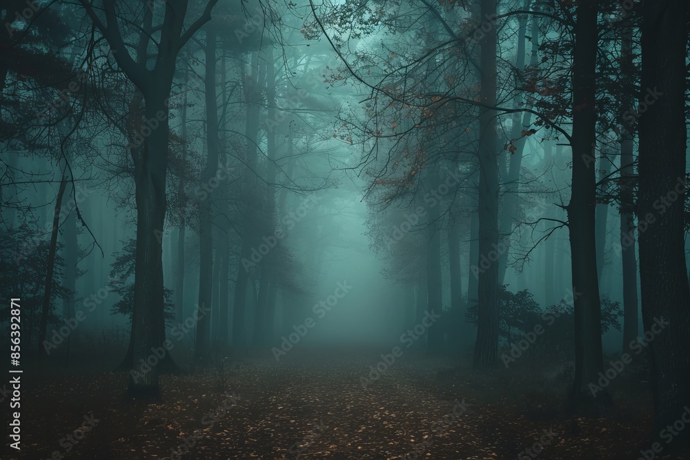 Fototapeta premium The forest is filled with mist. It looks fairy spooky on a foggy day.