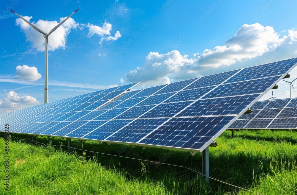 The concept of renewable energy from nature is visualized with solar cells and wind turbines generating electricity in a hybrid power plant system station against a blue sky background. The concept of renewable energy from nature is visualized with solar cells and wind turbines generating electricity in a hybrid power plant system station against a blue sky background.