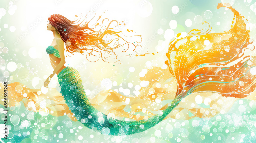 Obraz premium A fantasy illustration of a beautiful mermaid with flowing hair and tail, swimming underwater in a magical, colorful setting.