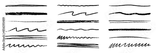 Chalk lines, charcoal highlight strokes doodle set. Pencil underlines, kids crayon strips, brush line in sketch style. Grunge texture. Hand drawn vector illustration isolated on white background