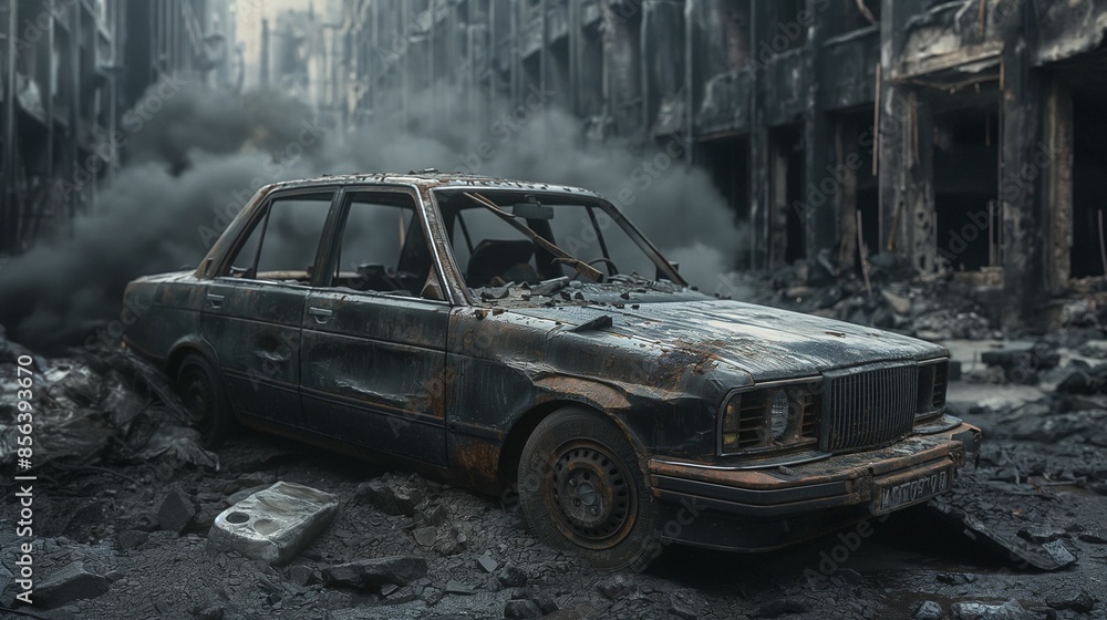 Burnt car in a post-apocalyptic landscape with smoke and fire in the background. Burnt car in a post-apocalyptic landscape with smoke and fire in the background.