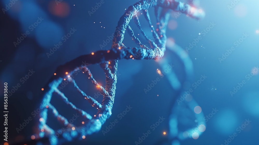 Close-up of a blue DNA strand with glowing points. Close-up of a blue DNA strand with glowing points.