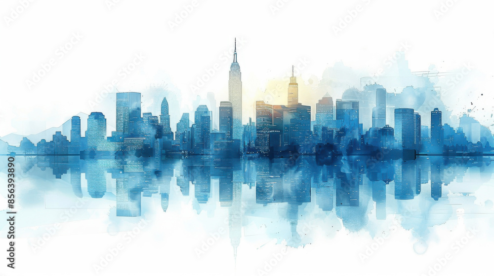 Modern city skyline in shades of blue, mirrored on a calm water surface, creating a tranquil urban landscape. Modern city skyline in shades of blue, mirrored on a calm water surface, creating a tranquil urban landscape.