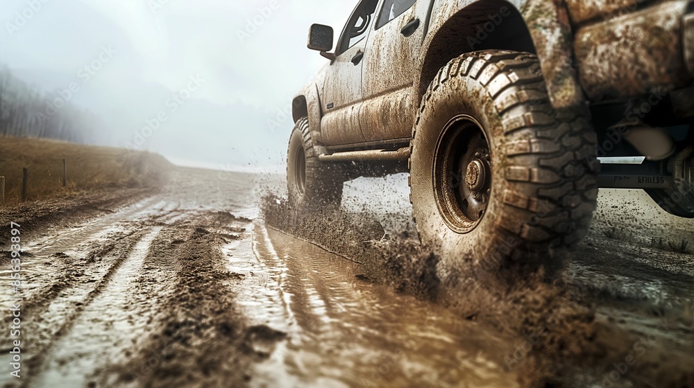 Close-up of a muddy off-road vehicle tire on a dirt trail in a forest. Close-up of a muddy off-road vehicle tire on a dirt trail in a forest.