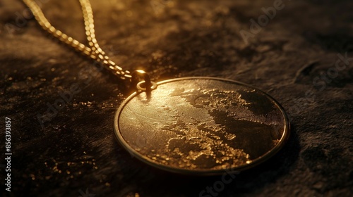 Image of a golden pendant with a textured surface on a chain.