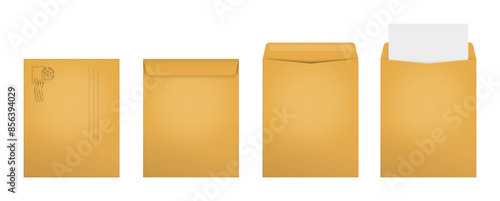 Realistic kraft paper envelope set vector. Isolated brown mail envelope on white background. Post mail mockup design illustration.
