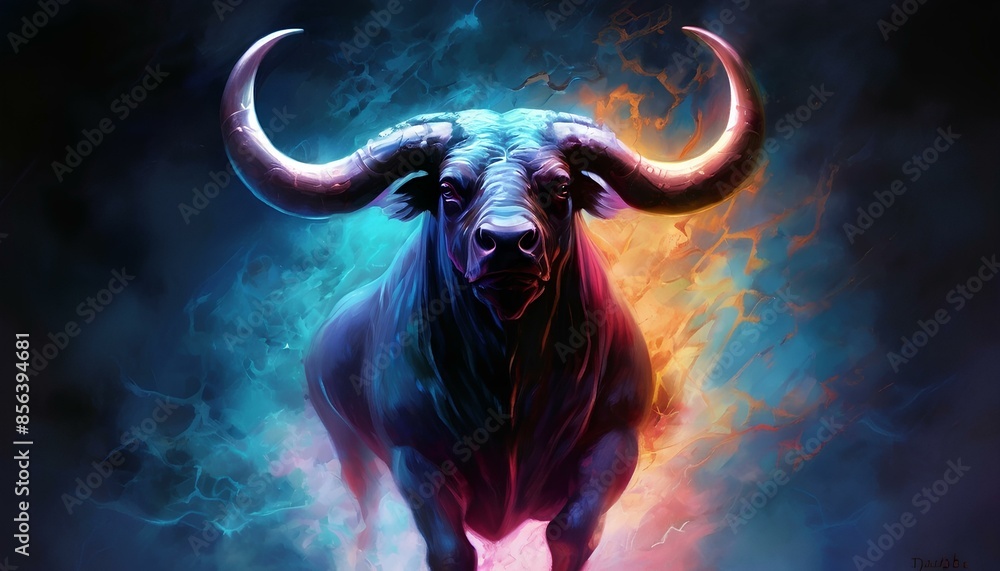 Fototapeta premium A powerful bull with vibrant colors, glowing in the dark surrounded by swirling mist and energy. The background is a deep blue, creating an atmosphere of mystery and power.