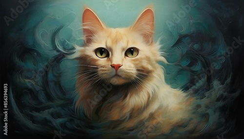  A portrait of an orange cat with white fur, the background is a dark blue and swirling black water. 