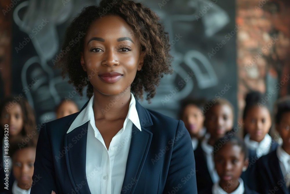 A confident educator in a formal suit stands before her students, exuding leadership and dedication. A confident educator in a formal suit stands before her students, exuding leadership and dedication.