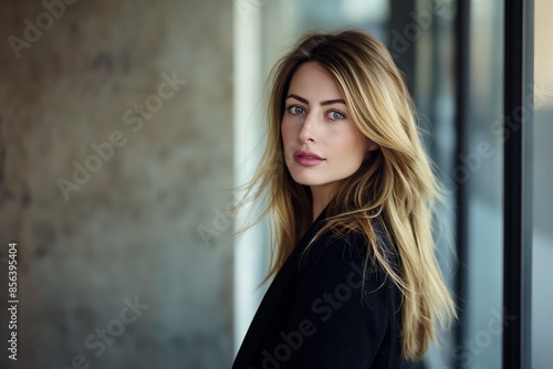 Blonde woman in black blazer stands near a window, looking confidently at the camera, urban setting. © YURY YUTY