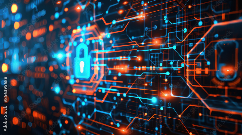 Abstract image of a digital security network with padlock icons, representing cybersecurity and data protection.