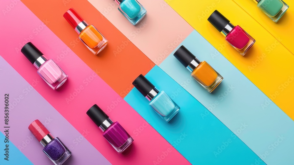 Manicure and nail polish collection on colorful backdrop Manicure and nail polish collection on colorful backdrop