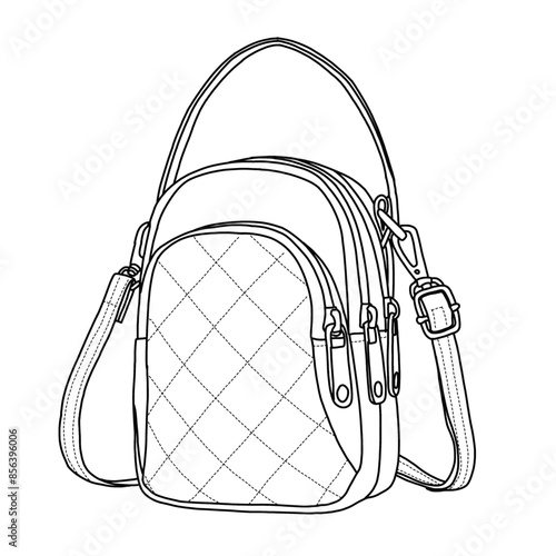Small Cross body Phone Bag for Women Quilted Purse Line art, outline vector doodle illustration front view, isolated on white background