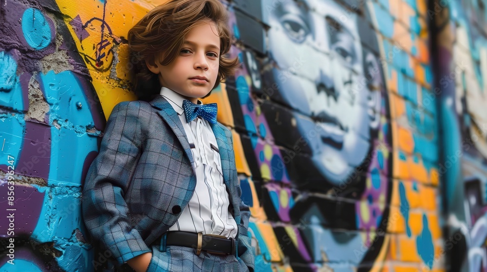 A young boy in a suit stands in front of a graffiti wall. The boy is wearing a tie and a jacket, and he is looking at the camera. The graffiti wall is colorful and has a lot of writing on it A young boy in a suit stands in front of a graffiti wall. The boy is wearing a tie and a jacket, and he is looking at the camera. The graffiti wall is colorful and has a lot of writing on it