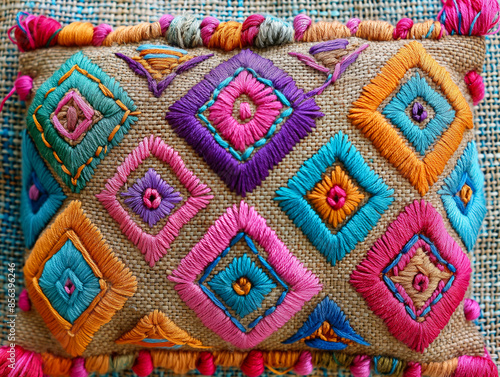 A colorful pillow with a pattern of squares and triangles. The pillow is made of a soft material and has a fringe. The colors are bright and cheerful, giving the pillow a lively and playful appearance