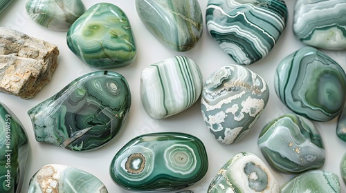 A collection of green and white rocks with a striped pattern
 photo