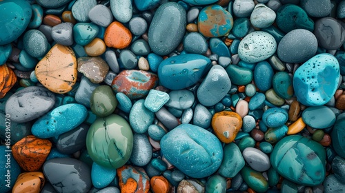 A collection of colorful rocks and pebbles on a beach. The rocks are of various sizes and colors, including green, blue, and orange. Concept of natural beauty and tranquility photo