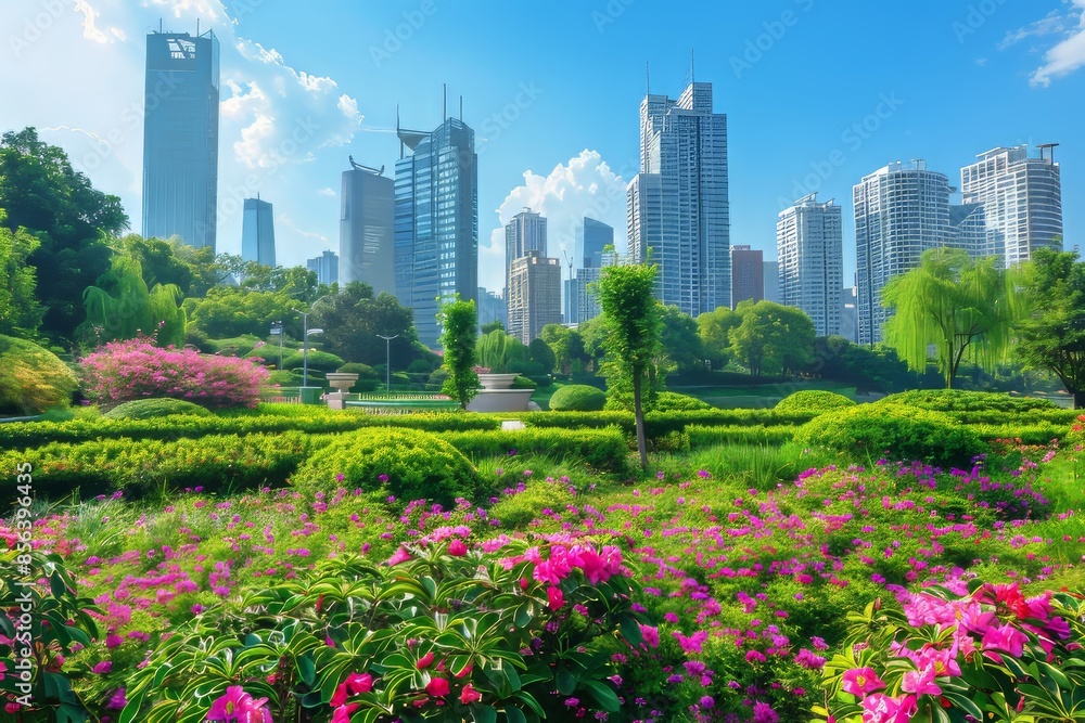 A breathtaking view of a modern city skyline with lush greenery and flowers in the foreground A breathtaking view of a modern city skyline with lush greenery and flowers in the foreground