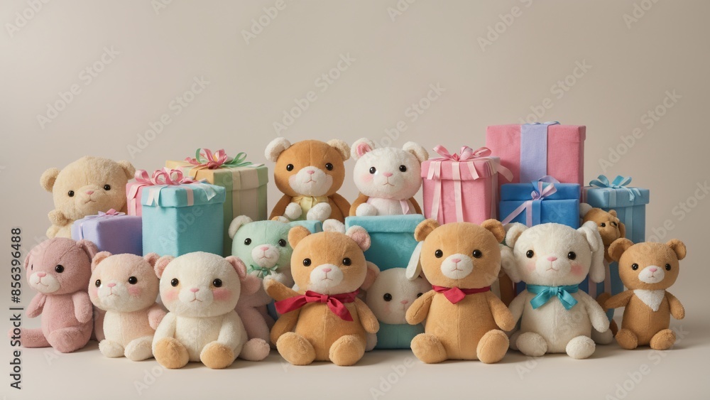 Cute plush toys as gifts, soft pastels, on a clean light background. Cute plush toys as gifts, soft pastels, on a clean light background.