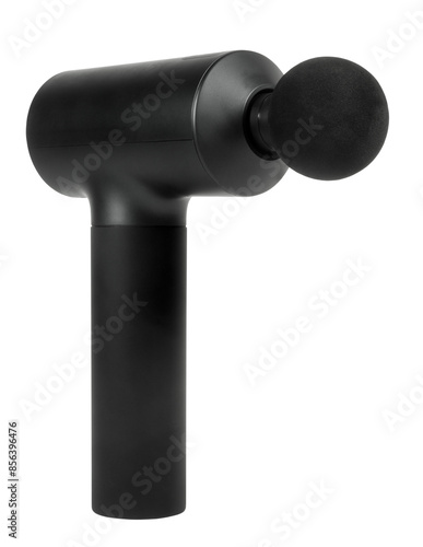 Electric massage gun utensil massager black isolated on white background. Modern technology wellness concept
