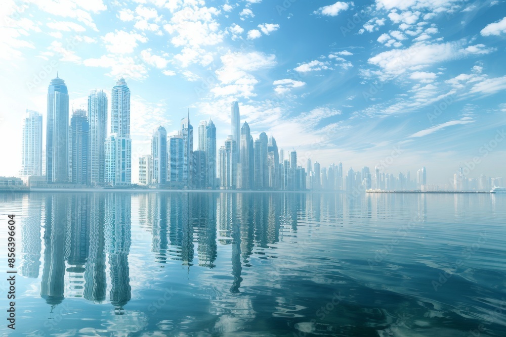 A stunning coastal view of a modern city skyline with clear reflections in the water A stunning coastal view of a modern city skyline with clear reflections in the water