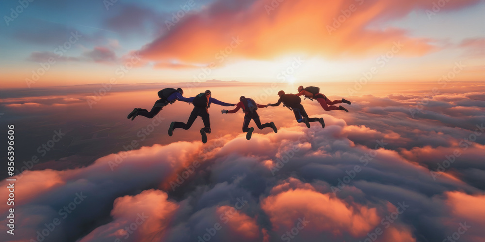 Fototapeta premium Skydiving group formation at sunset