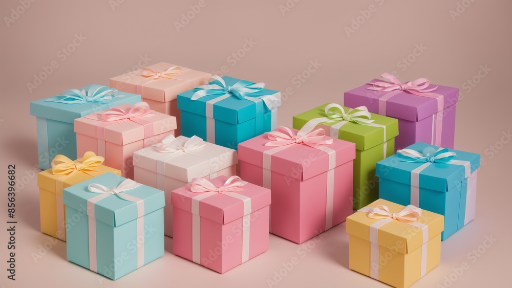 Cute gift boxes with ribbons, soft pastels, on a solid color background.