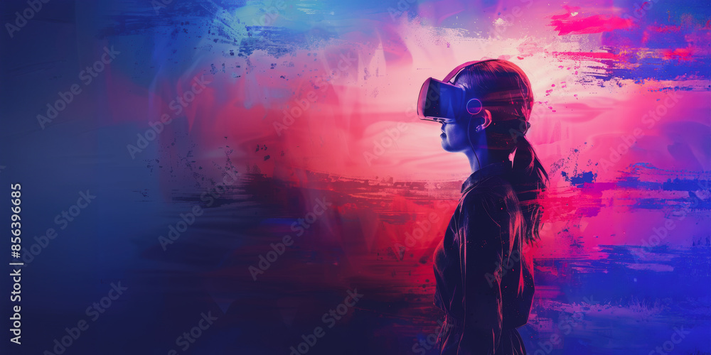 Woman immersed in virtual reality experience with vibrant background