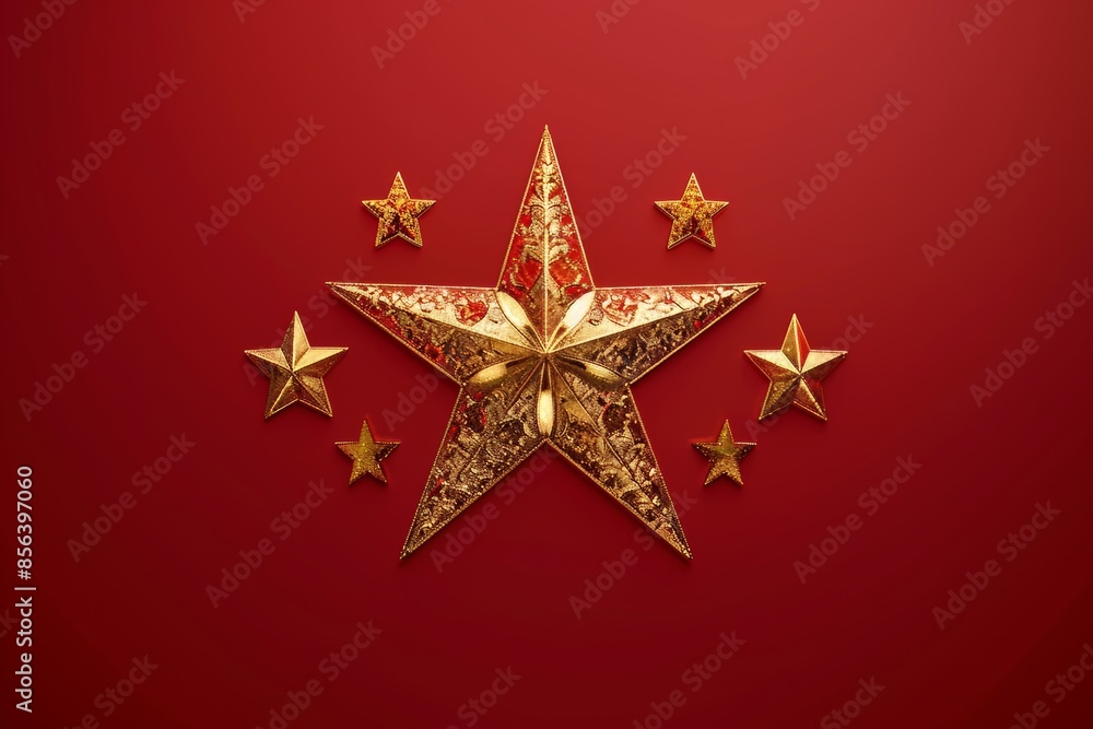 A central large golden five-pointed star with symmetrical smaller golden five-pointed stars on both sides, set against a clean, gradient red background A central large golden five-pointed star with symmetrical smaller golden five-pointed stars on both sides, set against a clean, gradient red background
