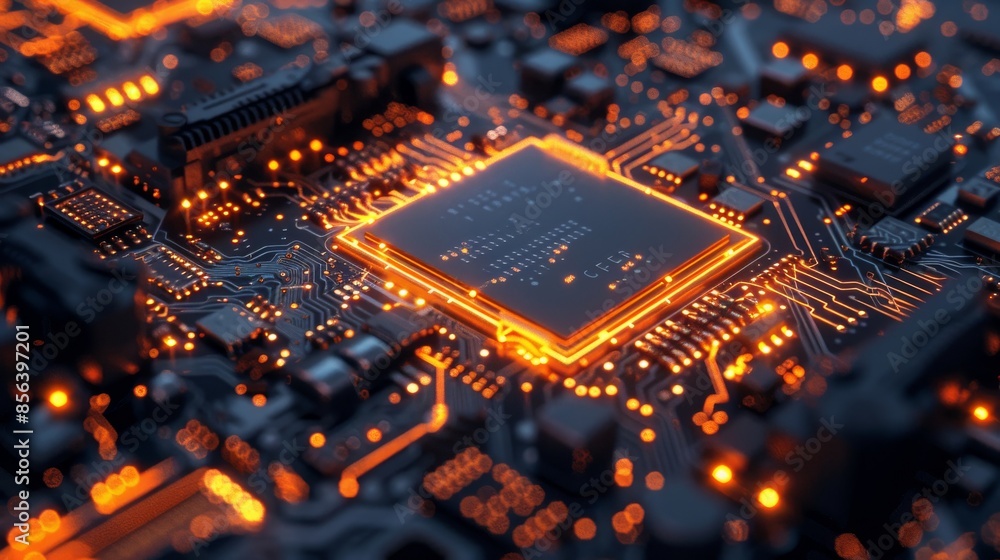 A state-of-the-art microprocessor glowing with orange light, integrated into a sophisticated motherboard A state-of-the-art microprocessor glowing with orange light, integrated into a sophisticated motherboard