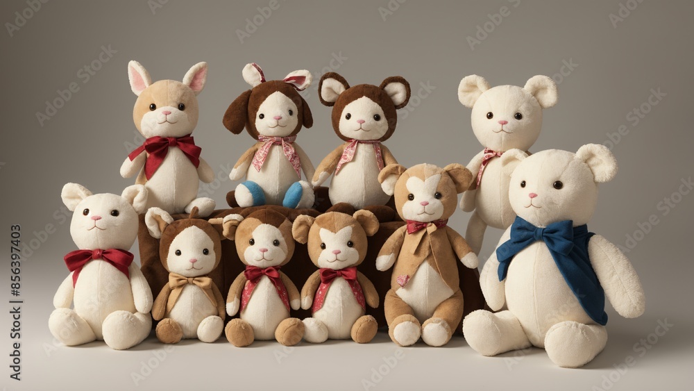 Cute plush toys as gifts, whimsical characters, on a clean light background. Cute plush toys as gifts, whimsical characters, on a clean light background.