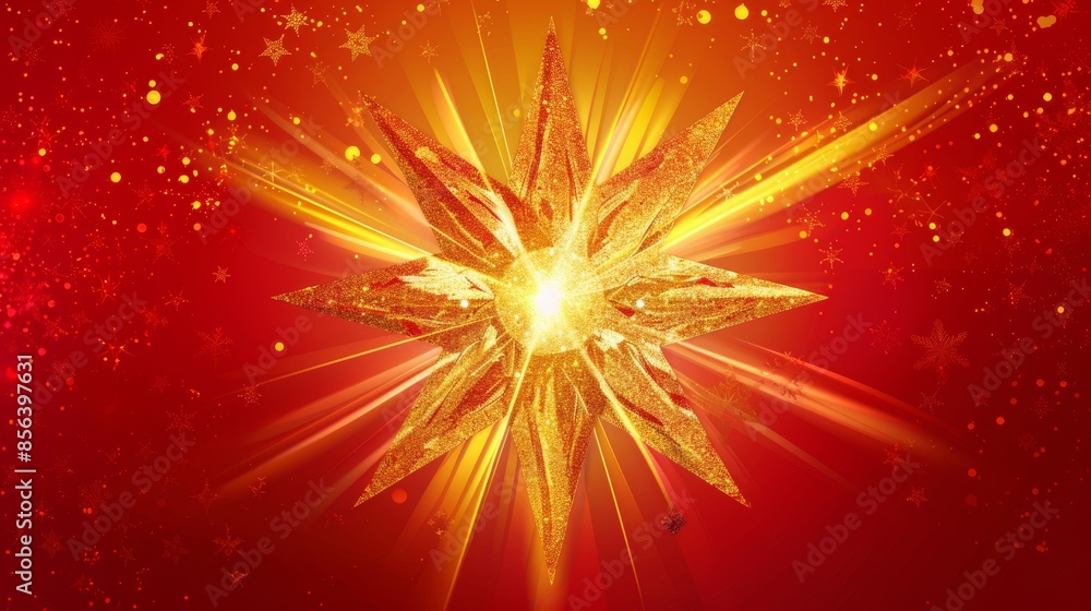 A central large golden star with symmetrical smaller stars on both sides, set against a vibrant red background A central large golden star with symmetrical smaller stars on both sides, set against a vibrant red background