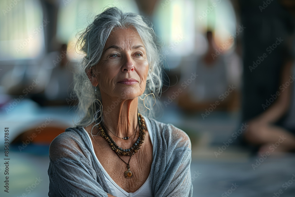 A senior participating in a yoga class, promoting physical wellness. Concept of fitness and healthy lifestyle. Generative Ai. A senior participating in a yoga class, promoting physical wellness. Concept of fitness and healthy lifestyle. Generative Ai.