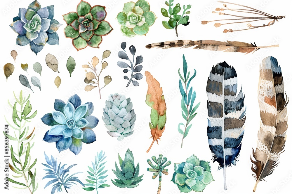 custom made wallpaper toronto digitalColorful floral collection with artichoke,flowers,leaves,feathers, succulent plants,branches,berries,lotuses, and more. Artistically painted with 27 watercolor elements.