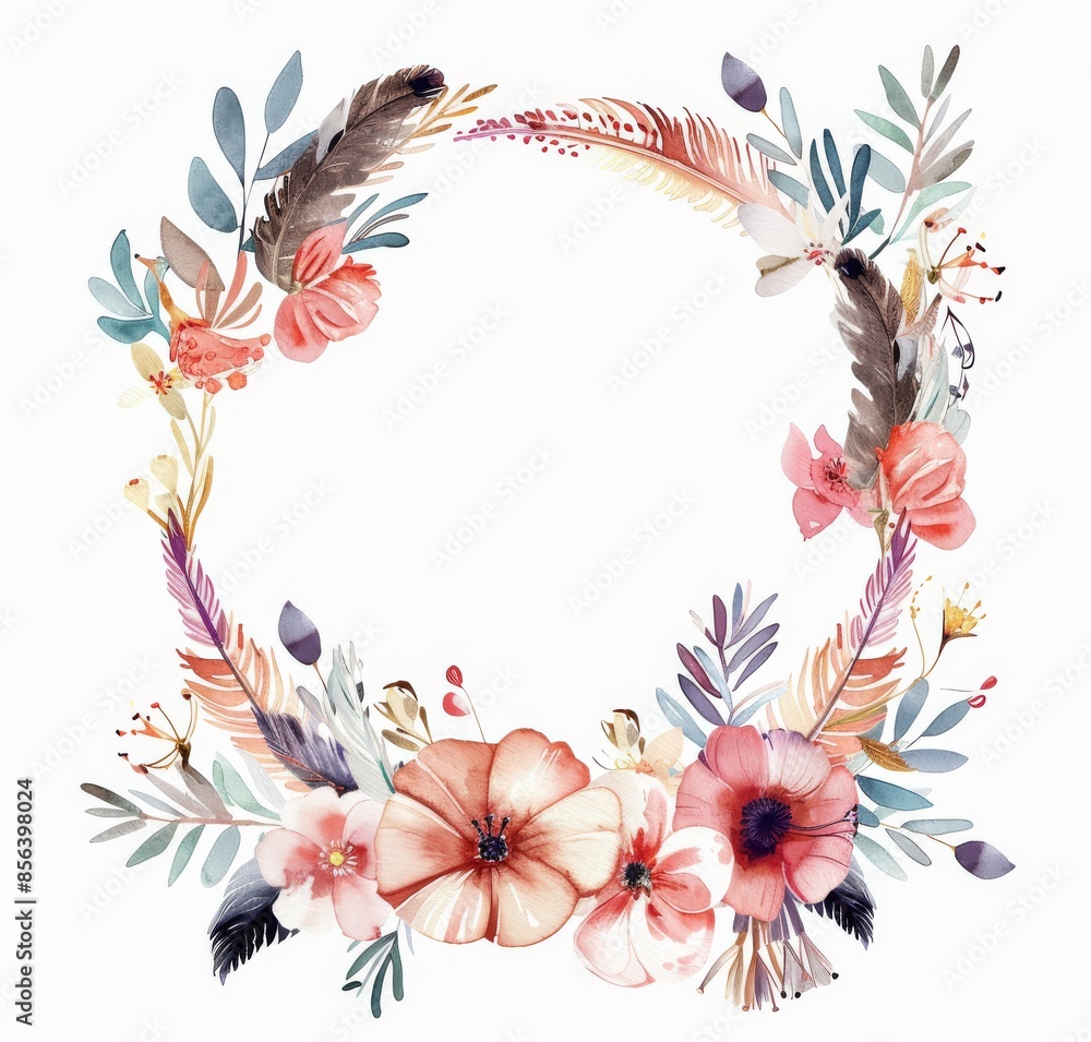 Boho card, watercolor invitation design with wildflowers, leaves, and bird feathers. Tribal background with floral elements for text. Vintage template. wreath. Boho card, watercolor invitation design with wildflowers, leaves, and bird feathers. Tribal background with floral elements for text. Vintage template. wreath.