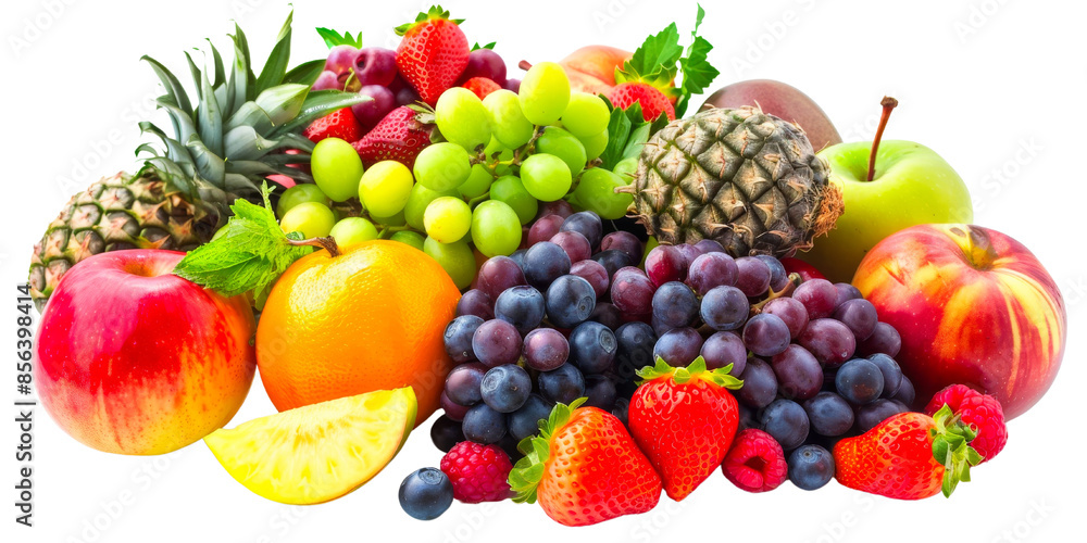A diverse assortment of fresh fruits, including apples, pineapples, grapes, and strawberries, isolated against a white background. Ideal for healthy eating and diet concepts. A diverse assortment of fresh fruits, including apples, pineapples, grapes, and strawberries, isolated against a white background. Ideal for healthy eating and diet concepts.