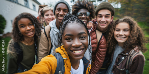 Diverse college students smiling for selfie photo on campus