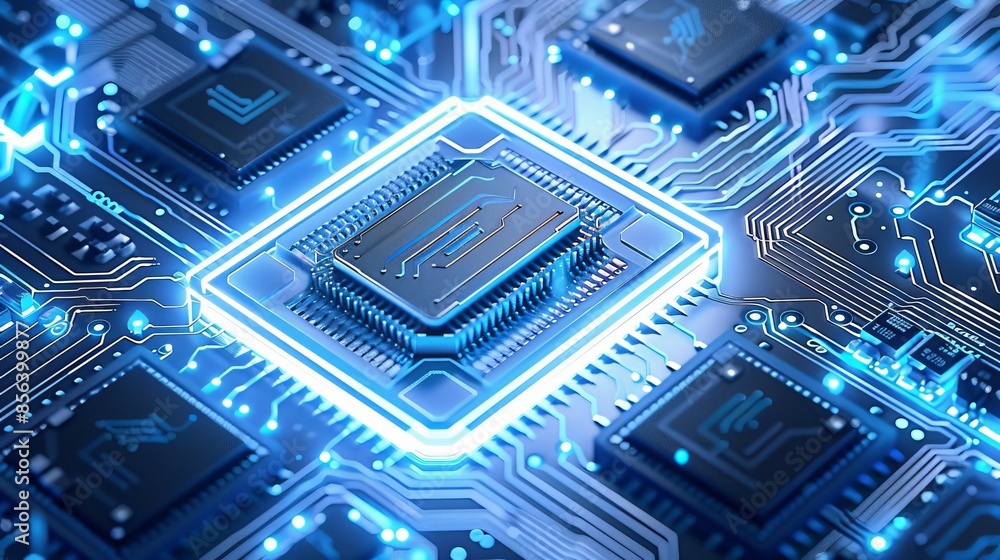 custom made wallpaper toronto digitalA high-tech chip circuit boardinlaid with metal and blue glowingcrystals, Designed by Samsung,3D,cleanbackground trending, Bokeh, Light Blue, Softilluminaotion,Minimalist, CU,octane render 
